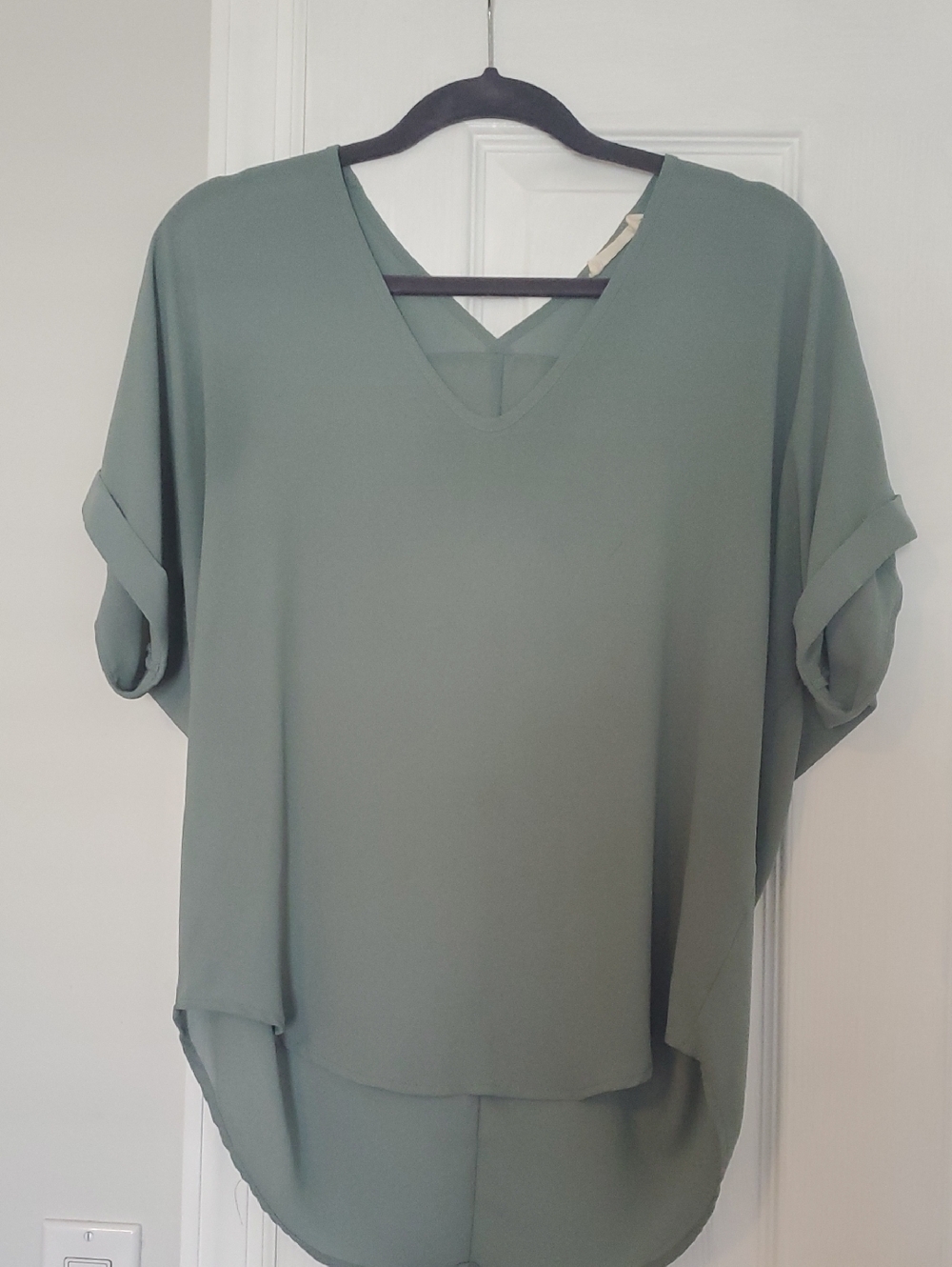 Lush Sage Green V-Neck Roll-Sleeve Blouse